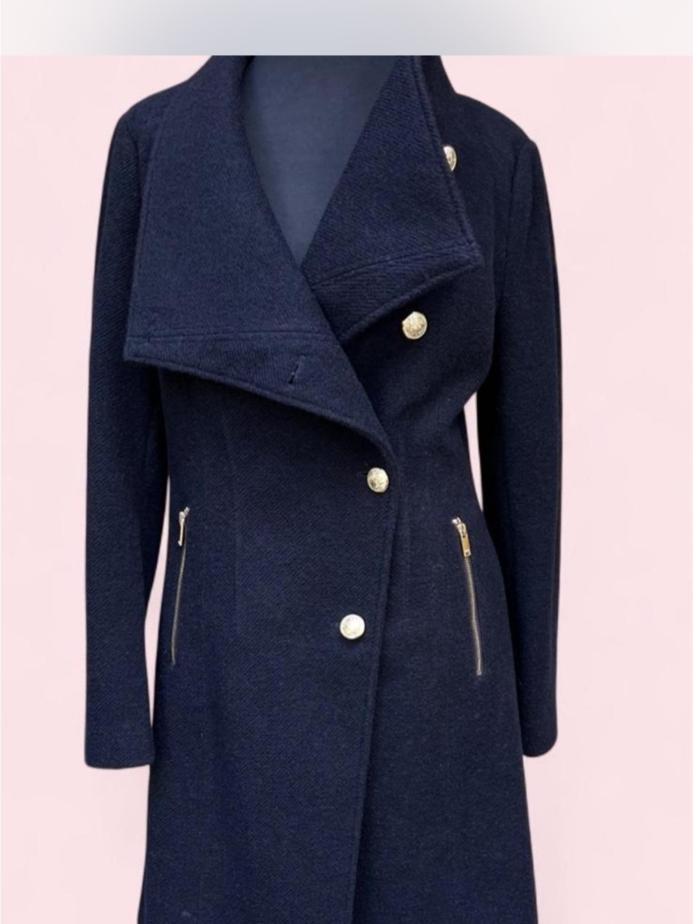 Women's NavDouble-Breasted Wool Coat with Gold Buttons